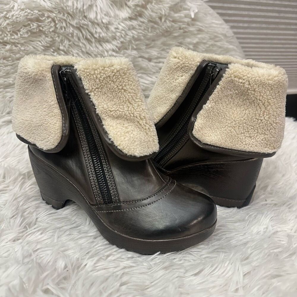 JBU Jambu Brown Peninsula Vegan Leather Foldover‎ Faux Fur Ankle Boots sz 6.5M